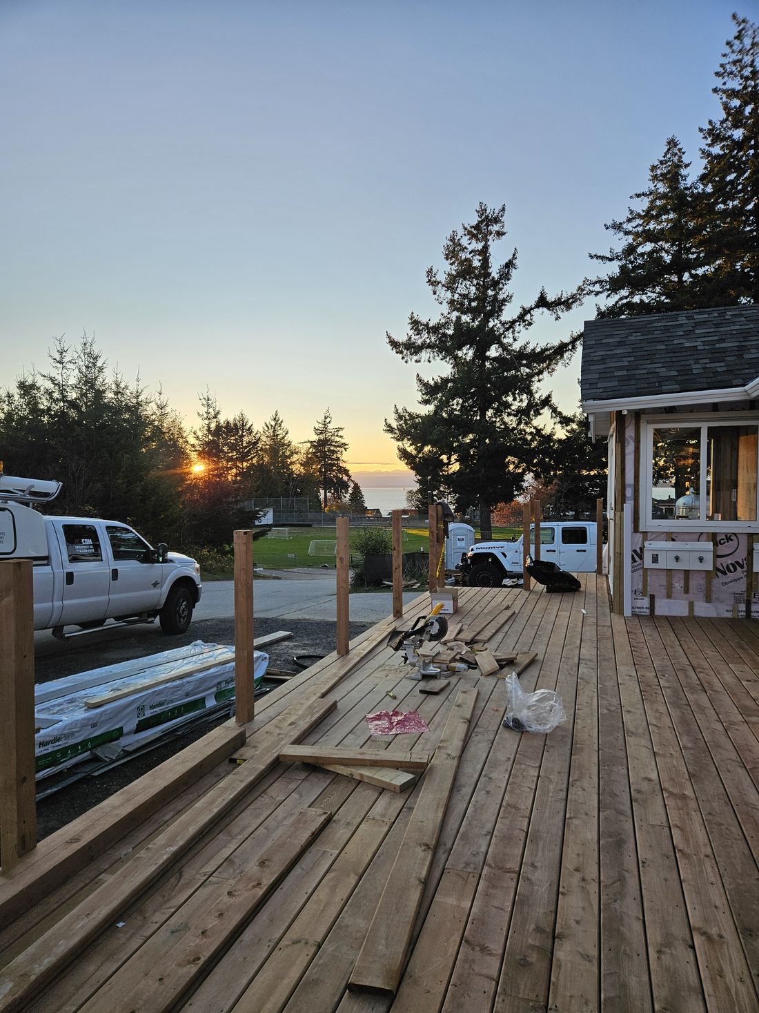 Deck boards down at sunset before the railing went in