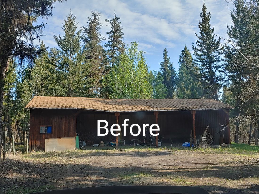 An old equipment shed with a sagging roofline, before repair