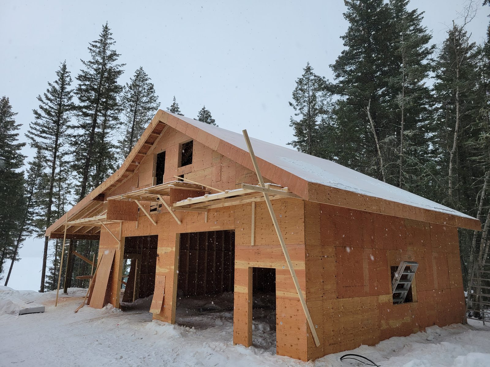 A large shop framed and sheathed in winter at Lac La Hache