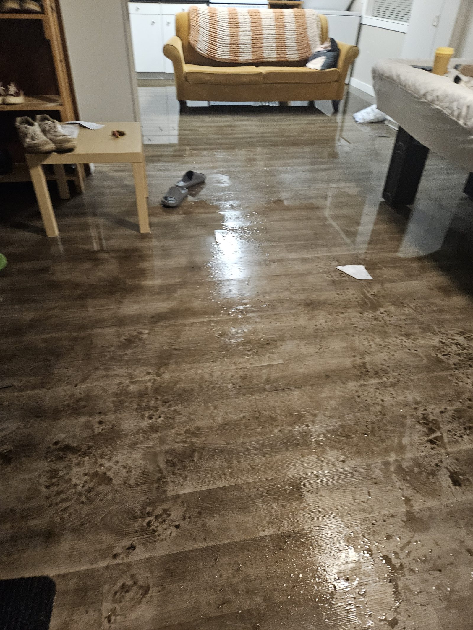 Flood water and mud across a vinyl plank floor in a Westview home