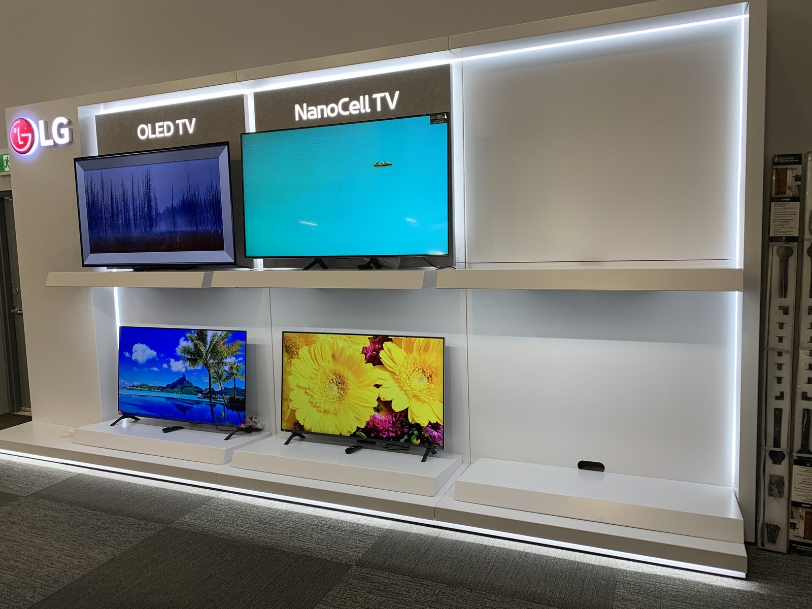 A completed LG television display wall with integrated lighting
